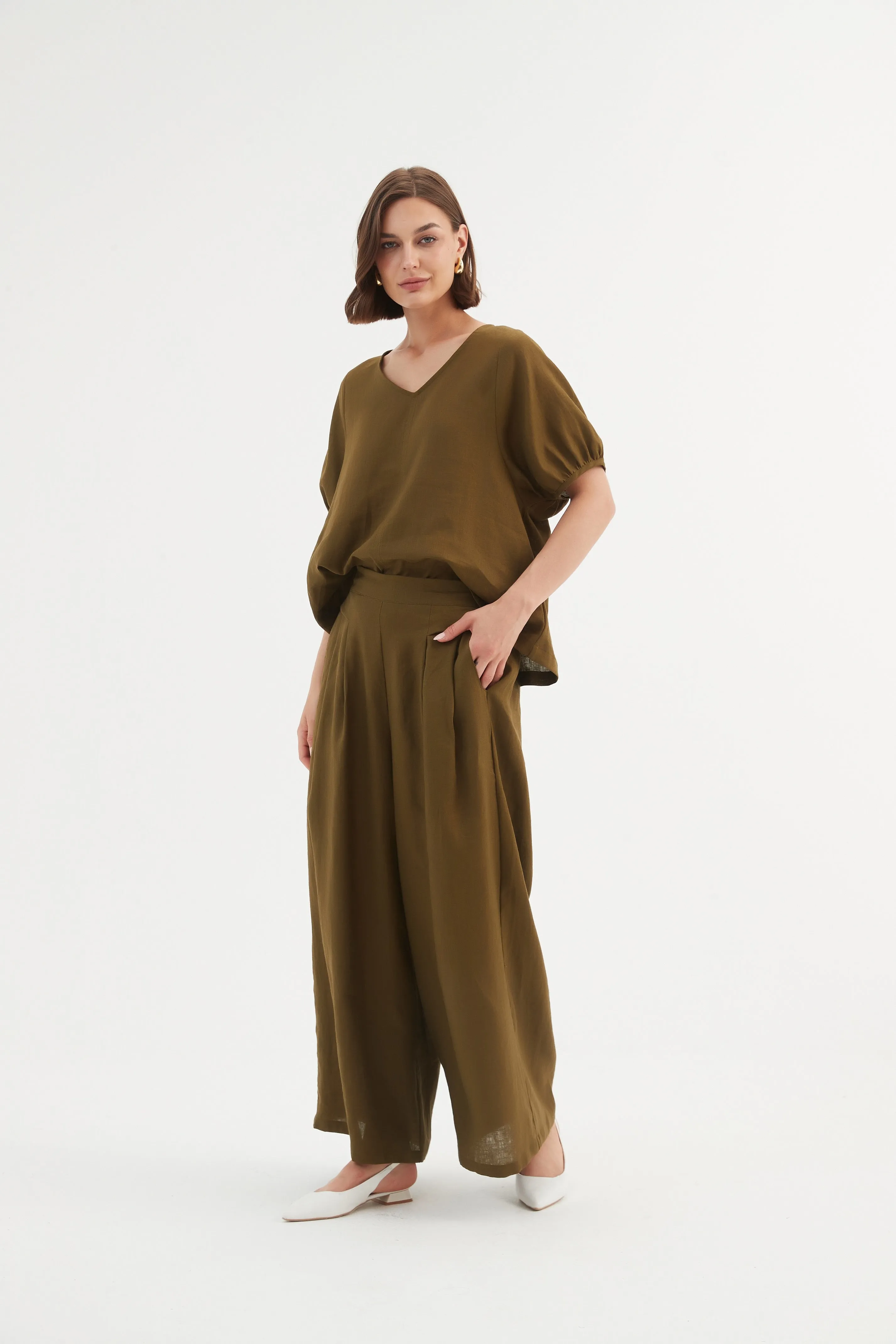 Pleat Front Palazzo Pant - Dark Moss