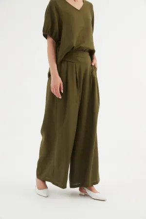 Pleat Front Palazzo Pant - Dark Moss