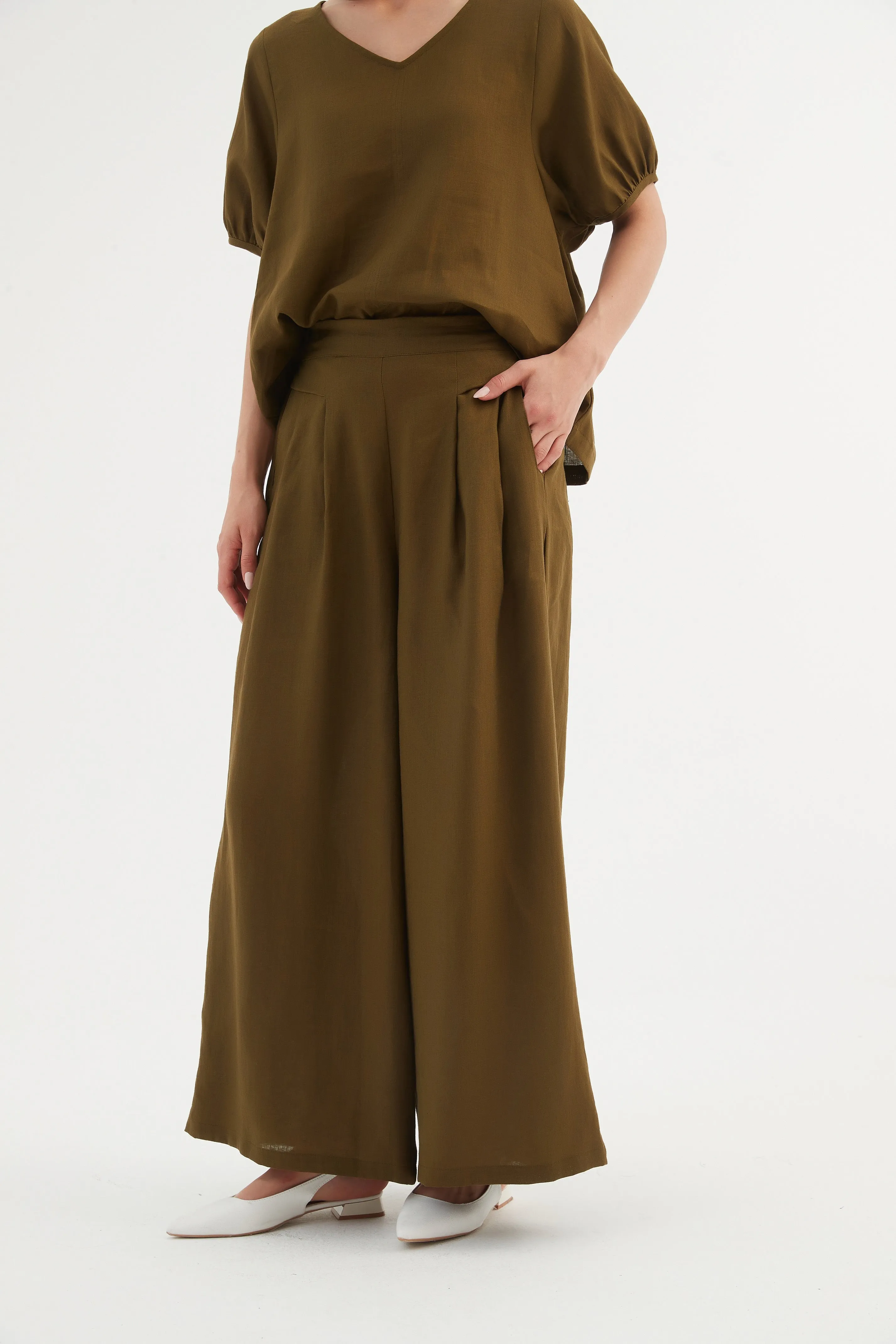 Pleat Front Palazzo Pant - Dark Moss