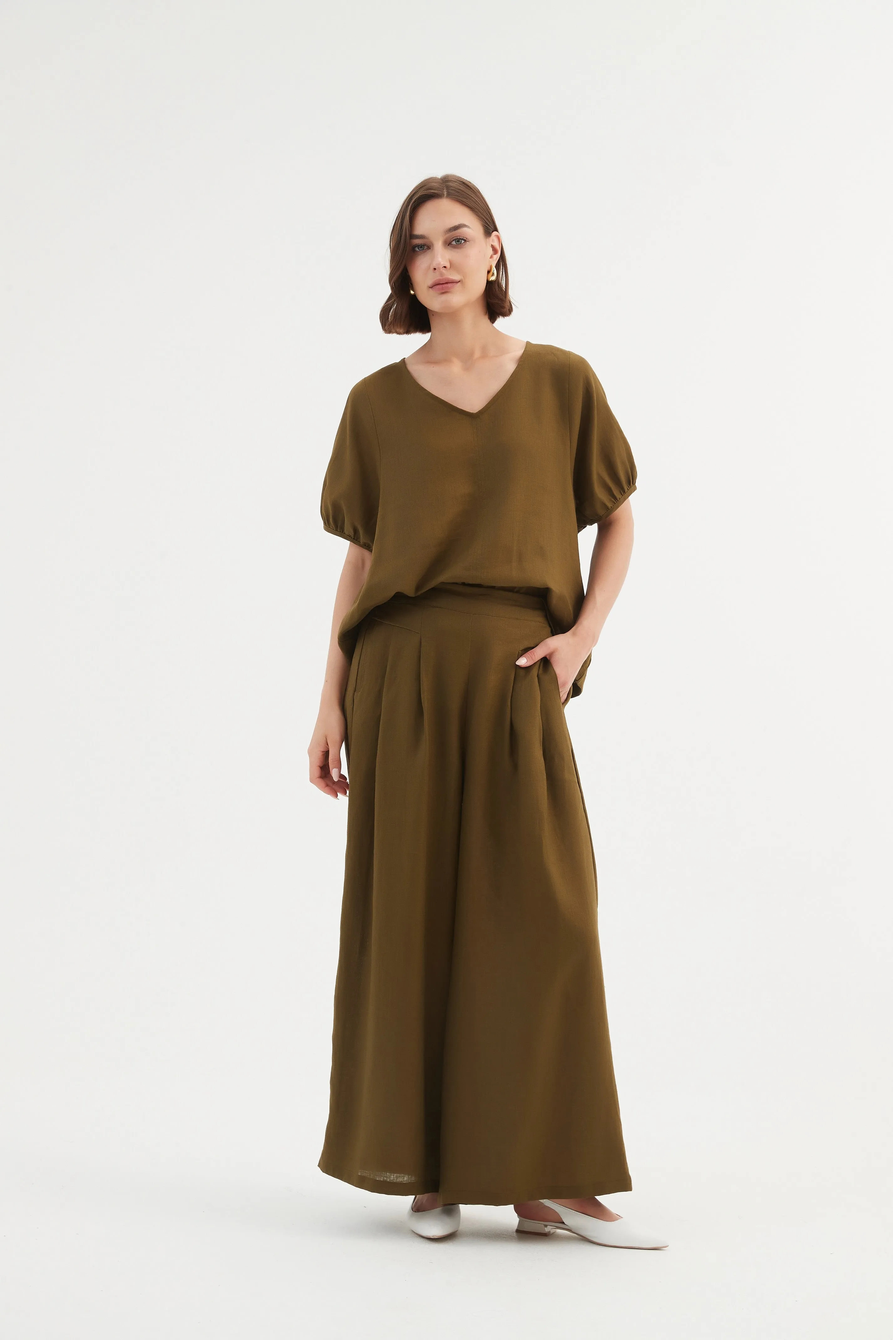 Pleat Front Palazzo Pant - Dark Moss