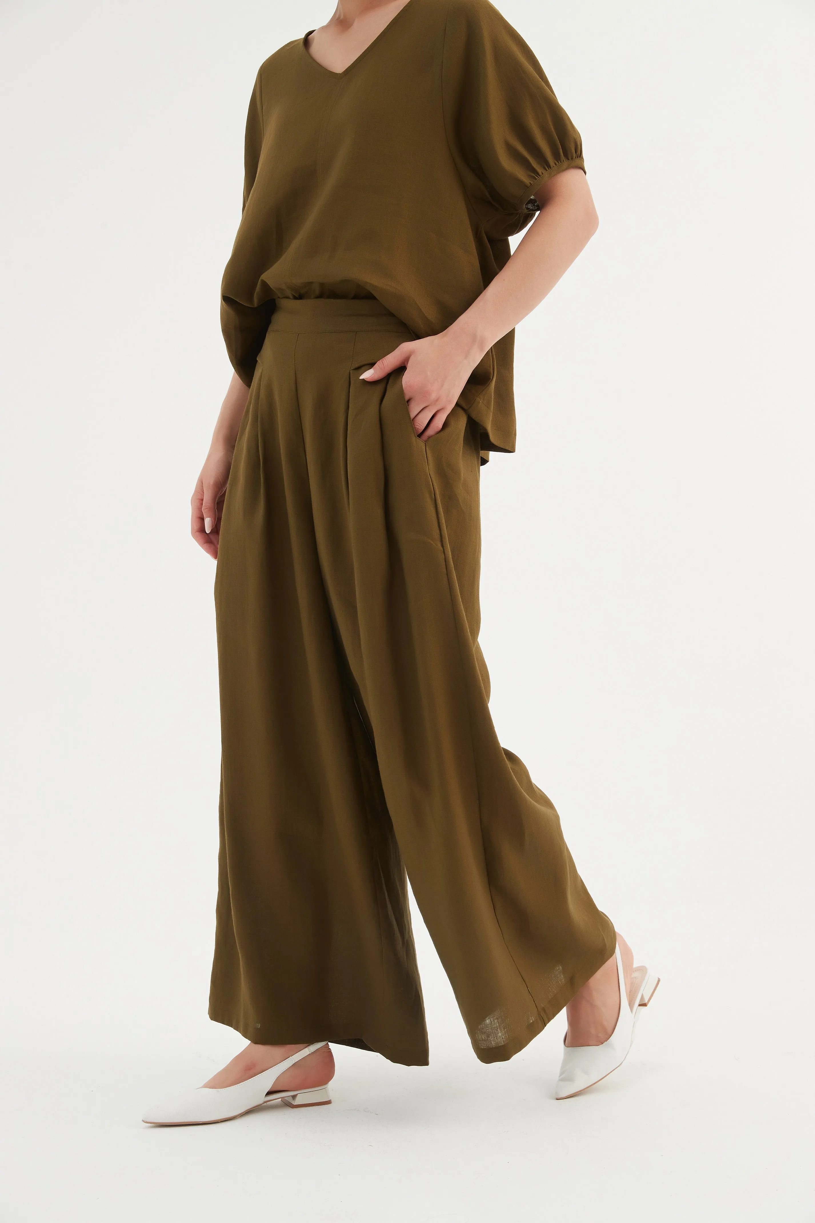 Pleat Front Palazzo Pant - Dark Moss