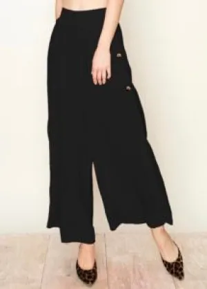 Pleat Wide Leg Tortoise Button Side Slit Pants