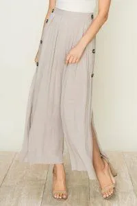 Pleat Wide Leg Tortoise Button Side Slit Pants