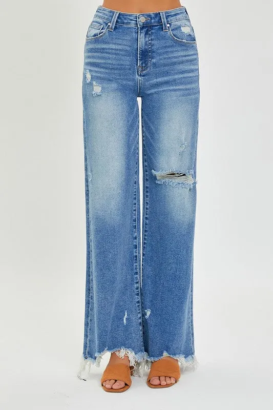 PLUS SIZE HIGH RISE FRAYED HEM WIDE LEG