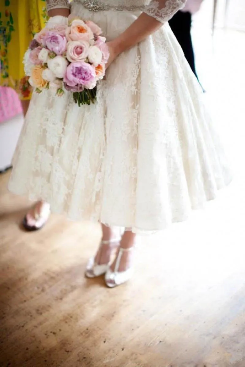 Plus Size Lace Scoop Illusion Half Long Sleeve Tea Length Wedding Dress-715437