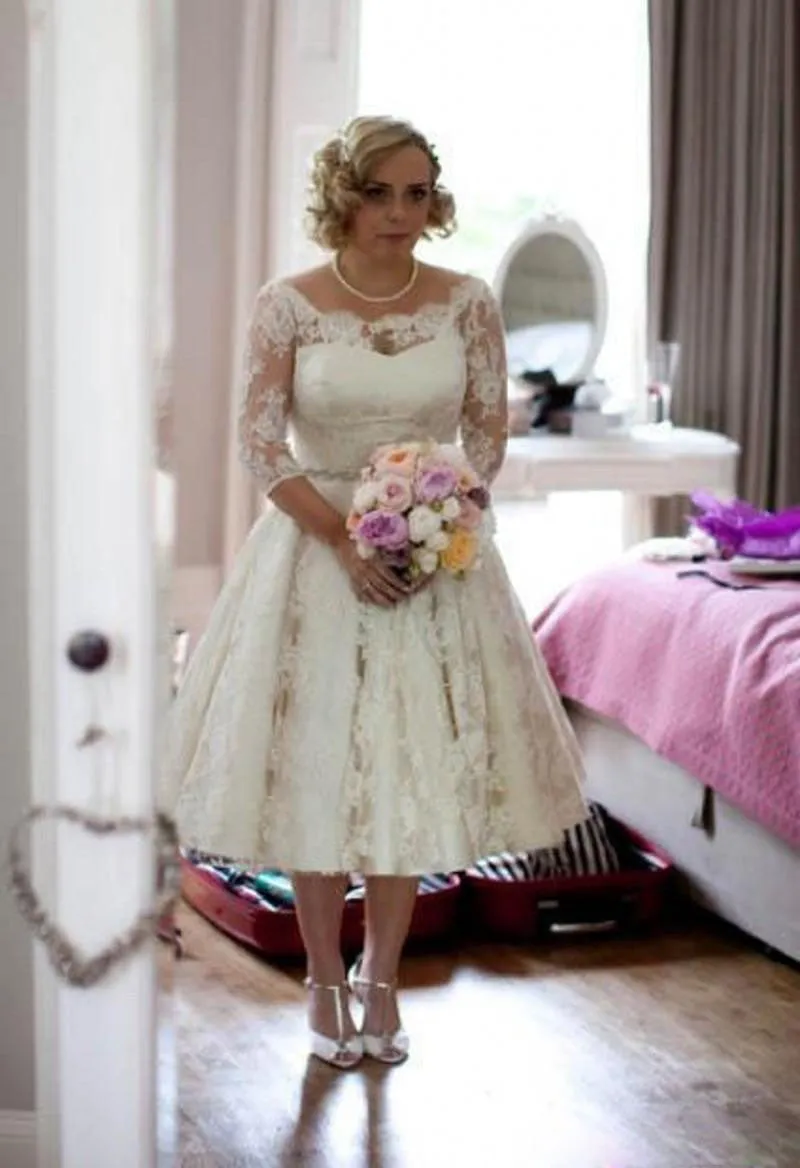 Plus Size Lace Scoop Illusion Half Long Sleeve Tea Length Wedding Dress-715437