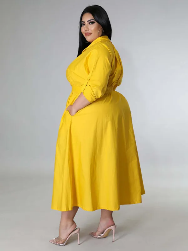 Plus Size Women's Solid Color Long Sleeve Shirt Dresses