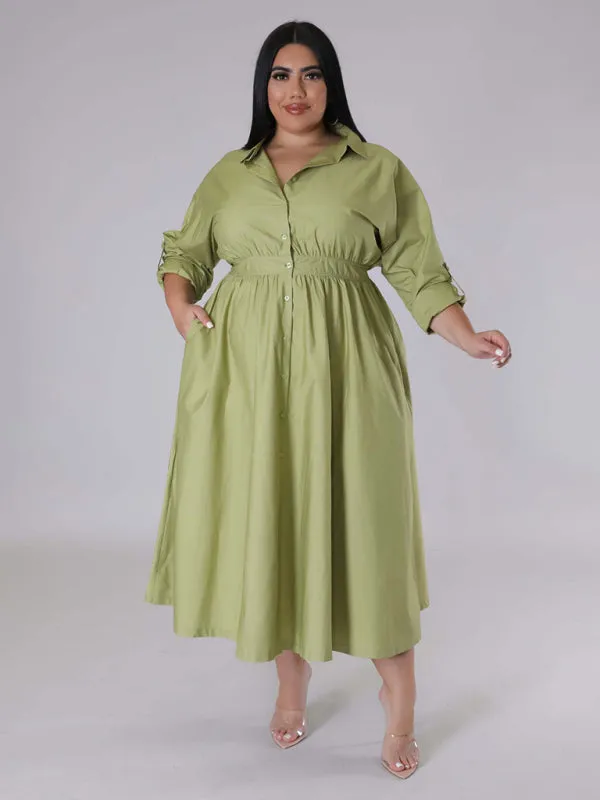 Plus Size Women's Solid Color Long Sleeve Shirt Dresses