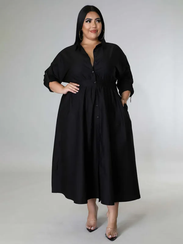Plus Size Women's Solid Color Long Sleeve Shirt Dresses