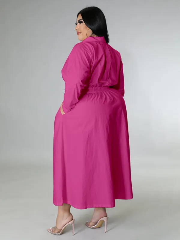 Plus Size Women's Solid Color Long Sleeve Shirt Dresses
