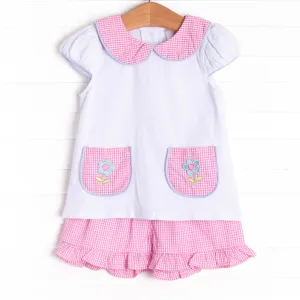 Pockets of Petals Embroidered Ruffle Short Set, Pink