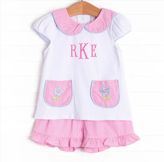Pockets of Petals Embroidered Ruffle Short Set, Pink