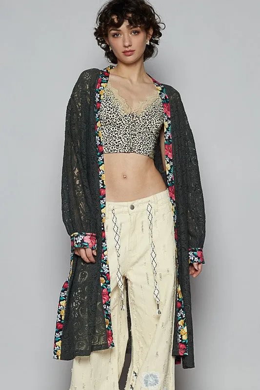 POL Floral Trim Lace Open Front Longline Cardigan S-L