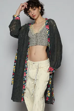 POL Floral Trim Lace Open Front Longline Cardigan S-L