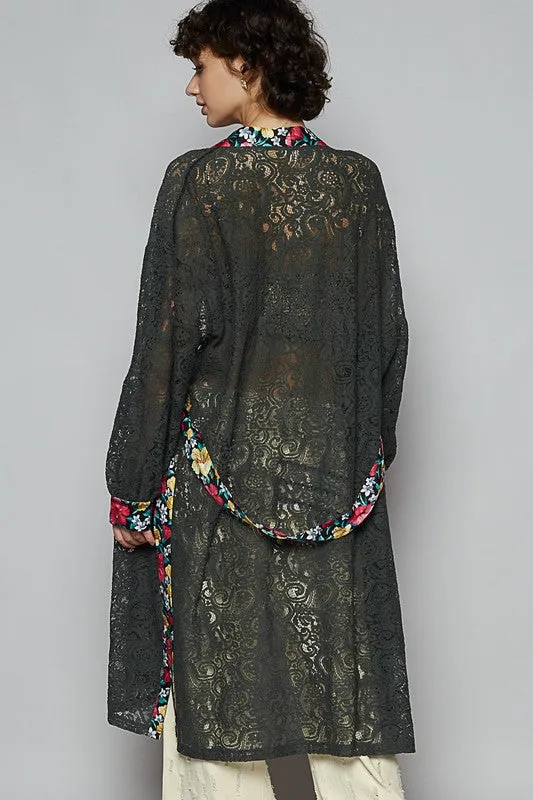 POL Floral Trim Lace Open Front Longline Cardigan S-L