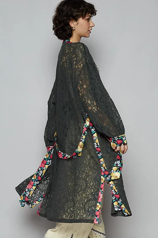 POL Floral Trim Lace Open Front Longline Cardigan S-L