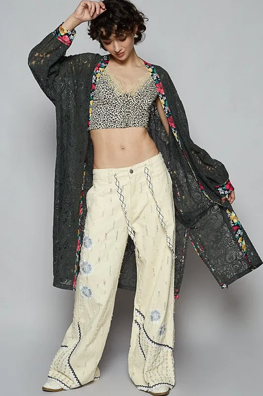 POL Floral Trim Lace Open Front Longline Cardigan S-L