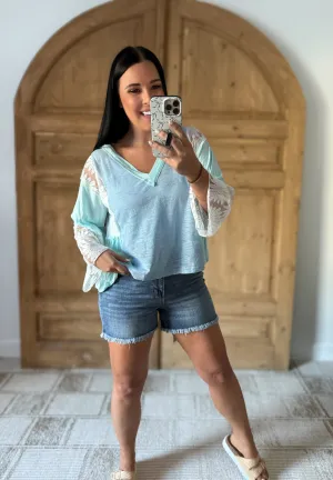 POL Lace Detail V-Neck Flare Sleeve