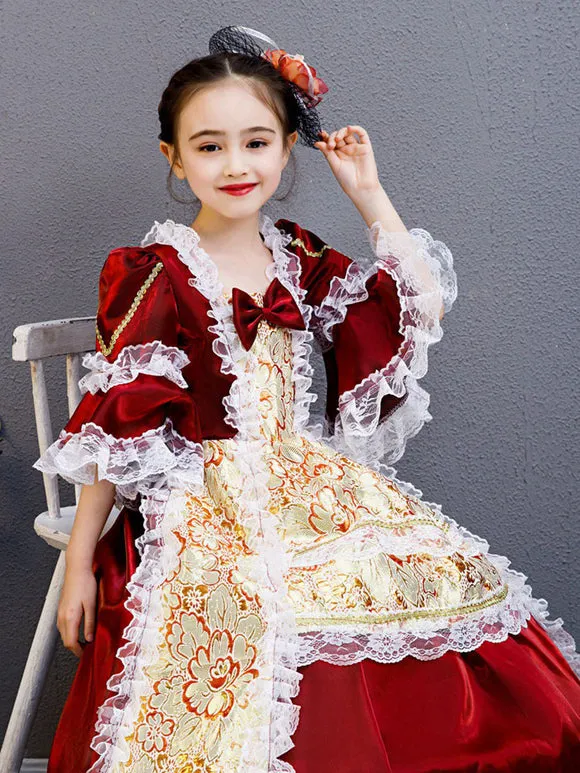 Polyester Fiber Tea Party Draped 3/4 Length Sleeves Polyester Summer Dress Floral Print Burgundy Kids' Lolita Dresses