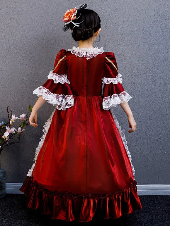 Polyester Fiber Tea Party Draped 3/4 Length Sleeves Polyester Summer Dress Floral Print Burgundy Kids' Lolita Dresses