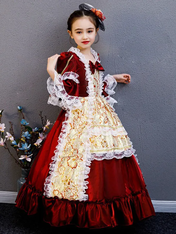 Polyester Fiber Tea Party Draped 3/4 Length Sleeves Polyester Summer Dress Floral Print Burgundy Kids' Lolita Dresses