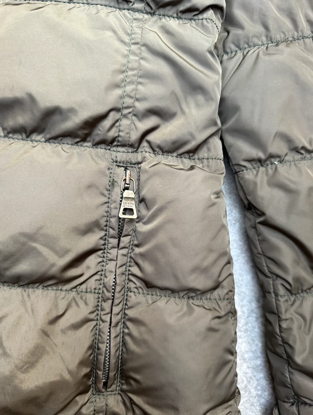 Prada Khaki Mid Length Puffer Jacket