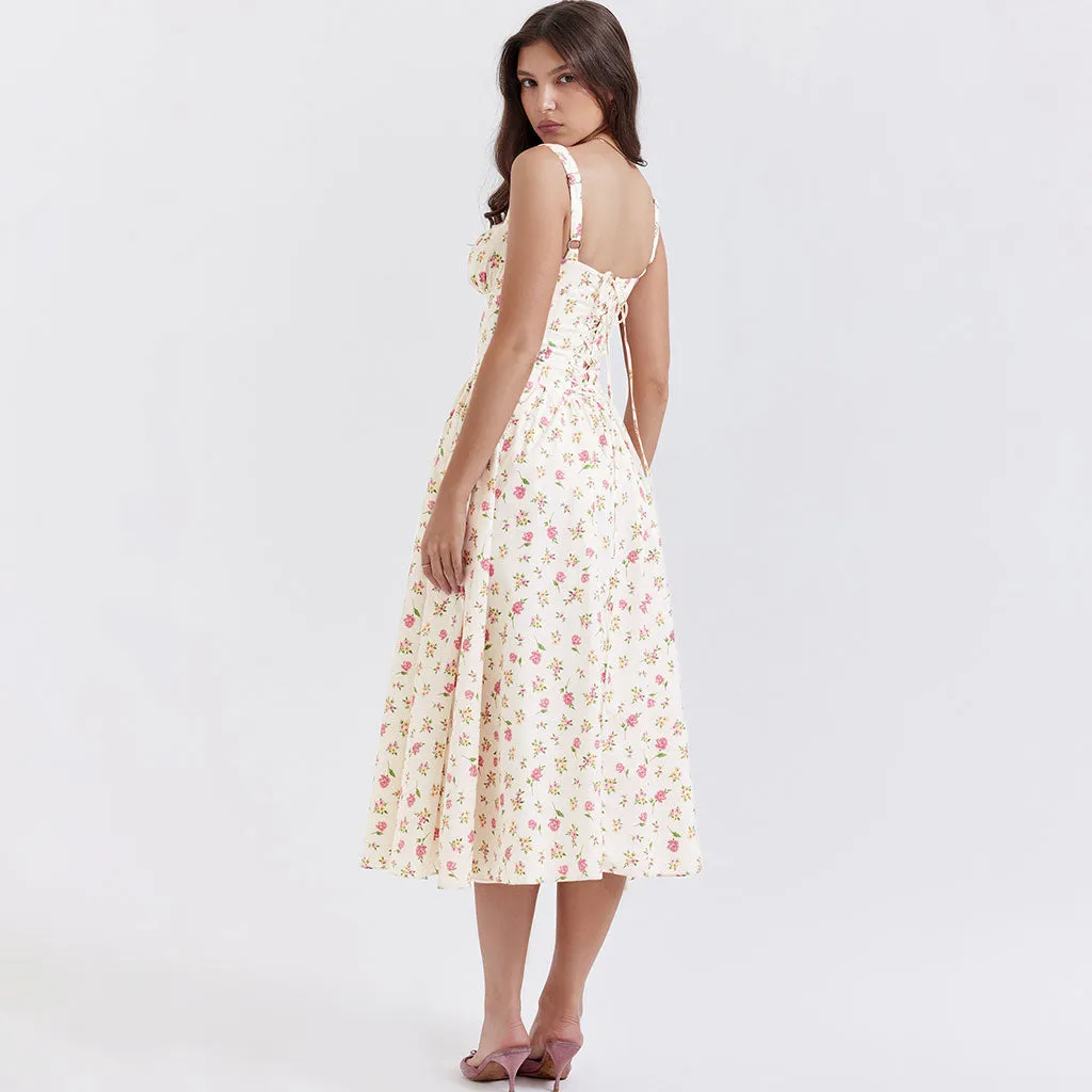 Prairie Style Square Neck Bustier Button Trim Drop Waist Side Pocket Midi SunDress