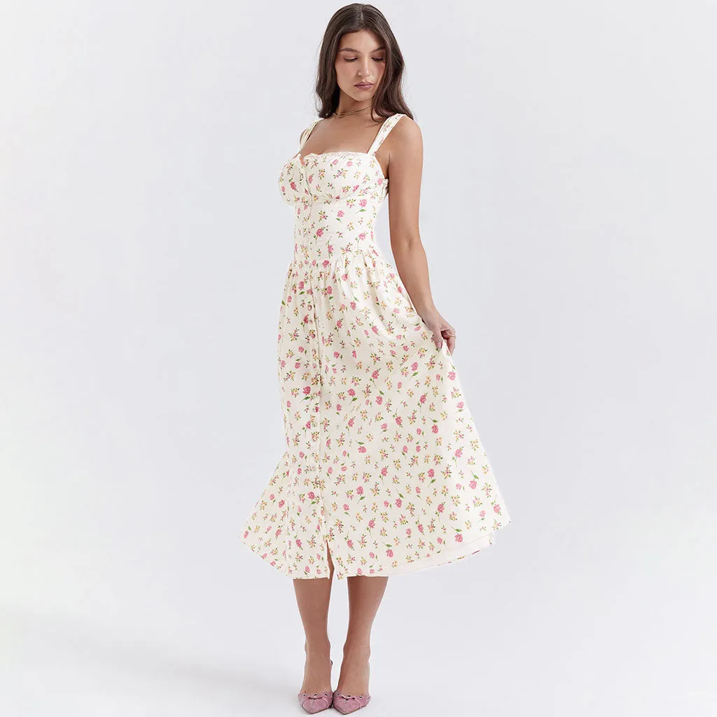 Prairie Style Square Neck Bustier Button Trim Drop Waist Side Pocket Midi SunDress