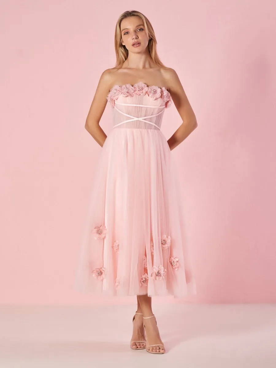 Princess Strapless Prom Dresses with Flowers