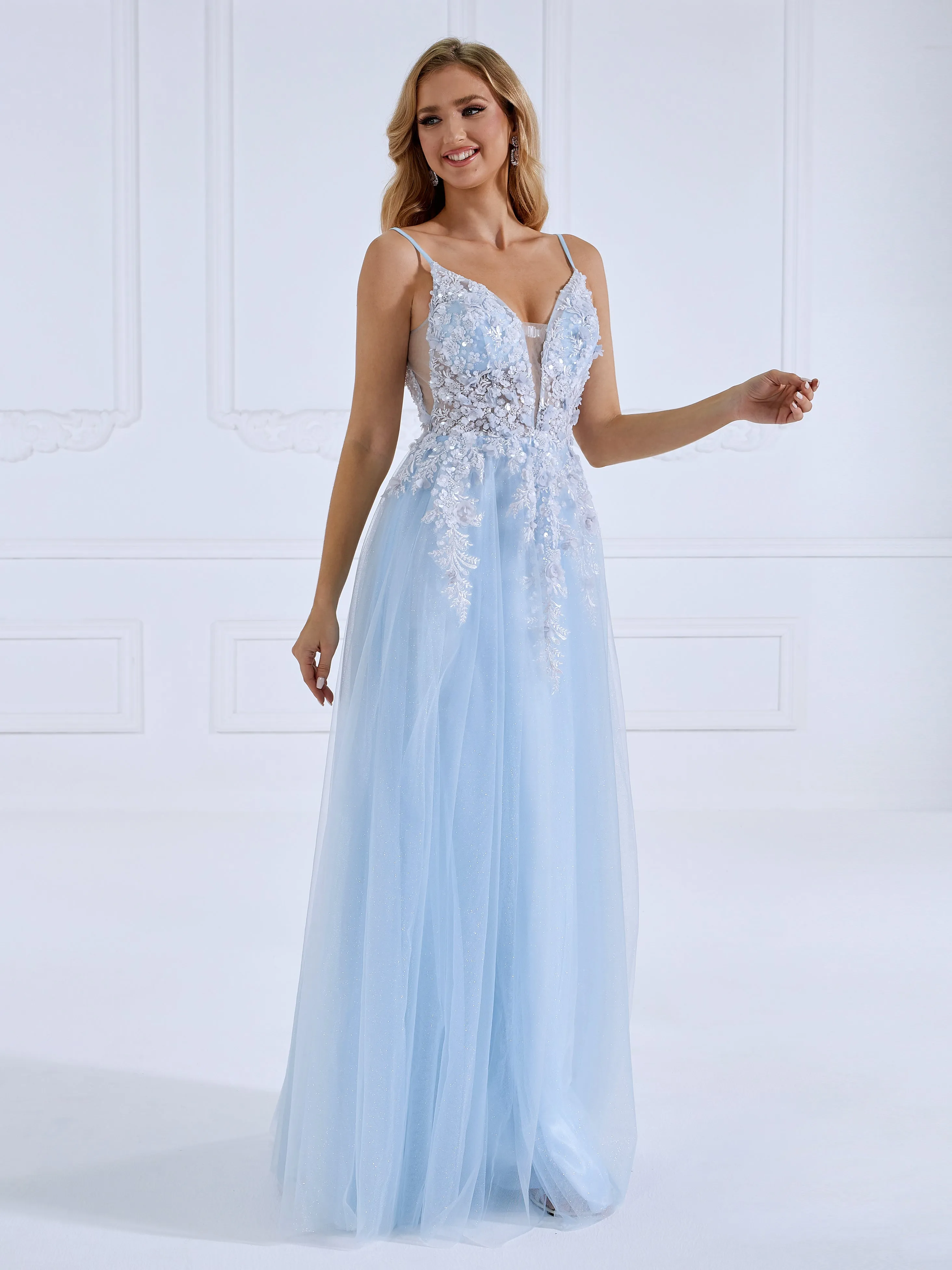 Princess V Neck Floor Length GlittleTulle Prom Dresses With Lace Beads #18905