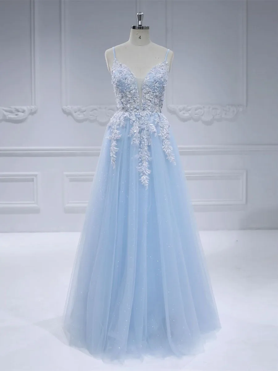 Princess V Neck Floor Length GlittleTulle Prom Dresses With Lace Beads #18905