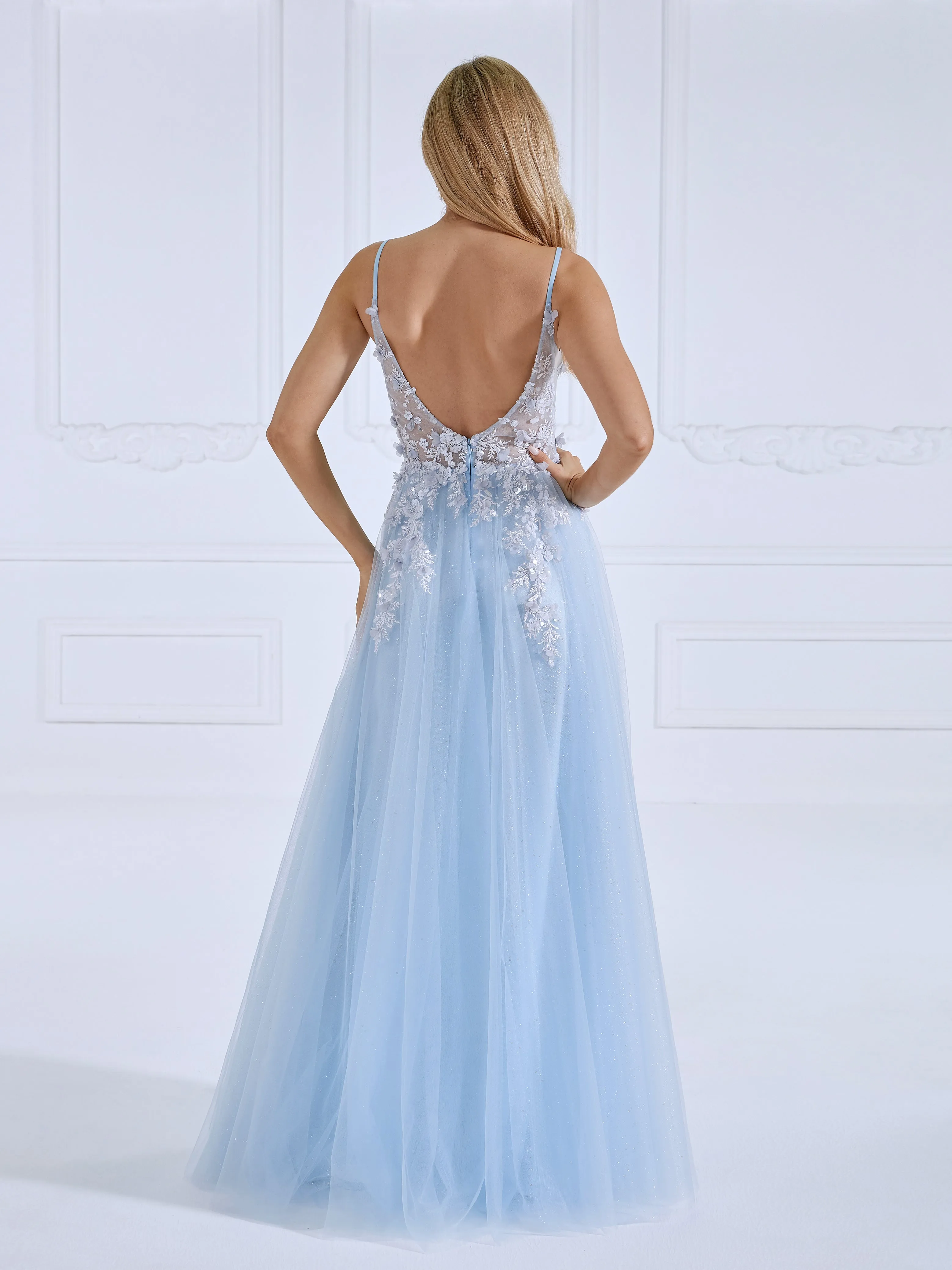 Princess V Neck Floor Length GlittleTulle Prom Dresses With Lace Beads #18905