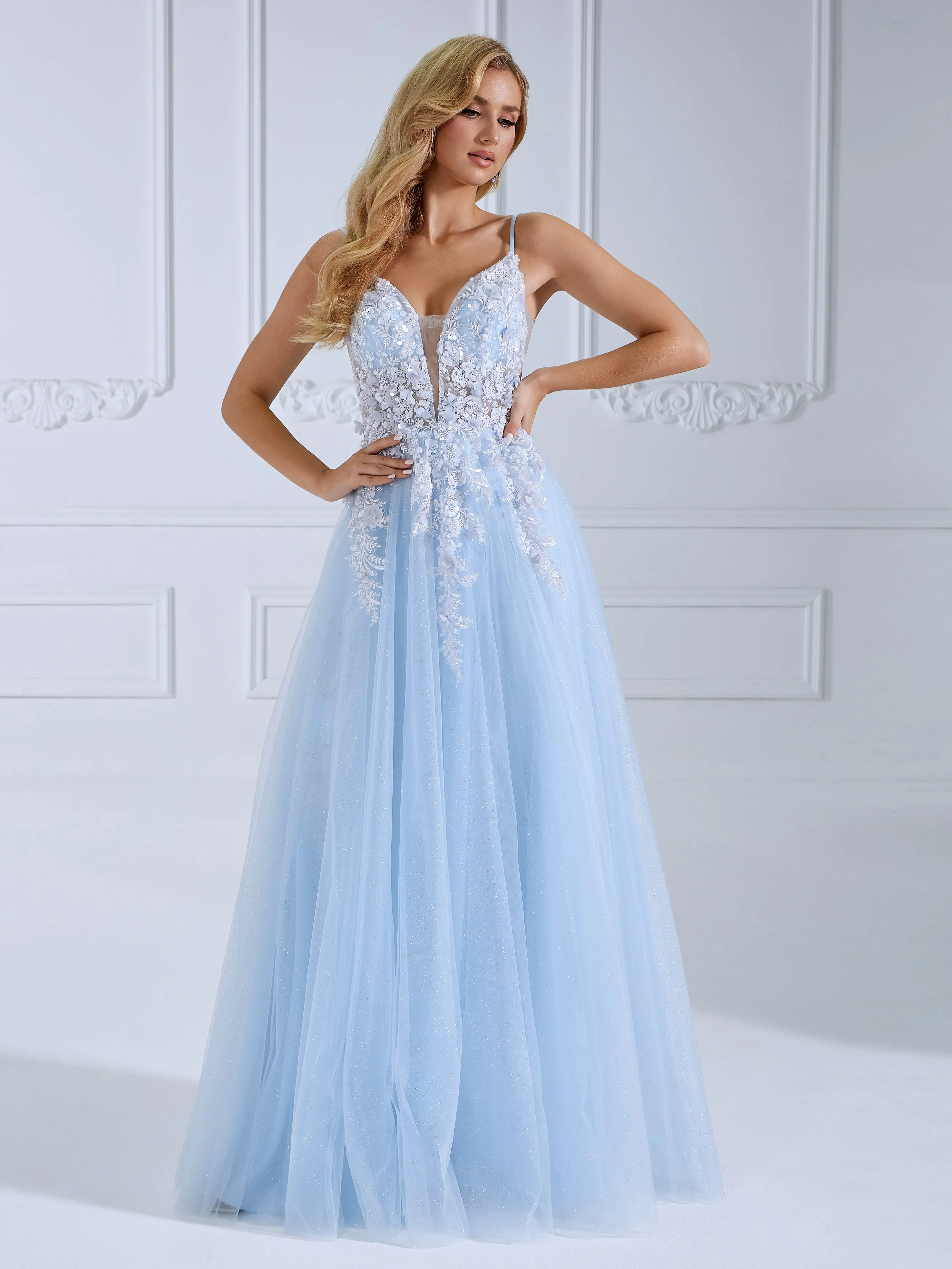 Princess V Neck Floor Length GlittleTulle Prom Dresses With Lace Beads #18905
