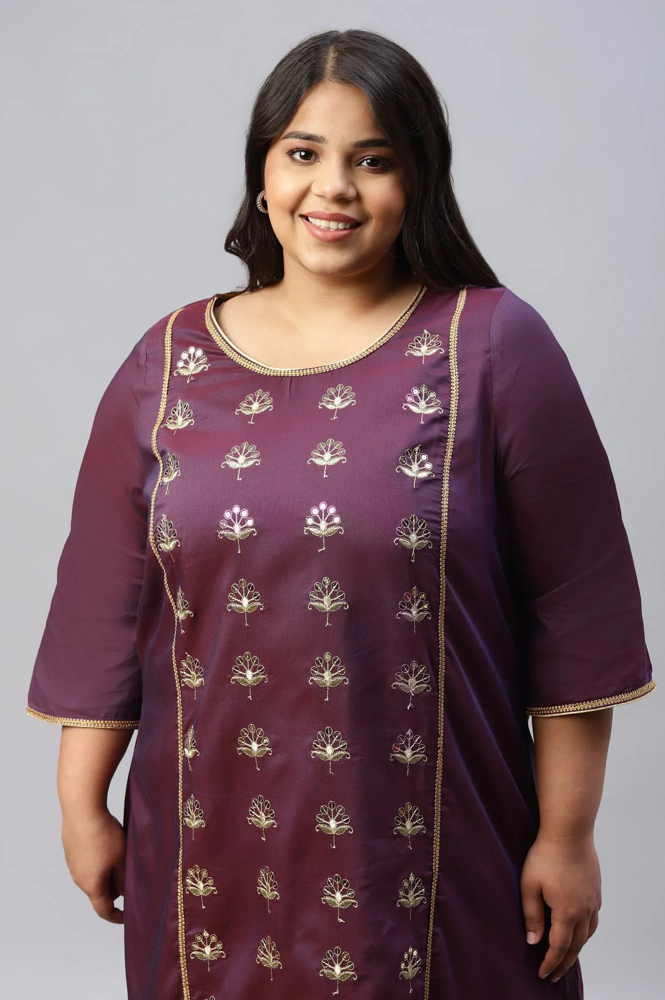 Purple Zari Embroidered Plus Size Liva kurta