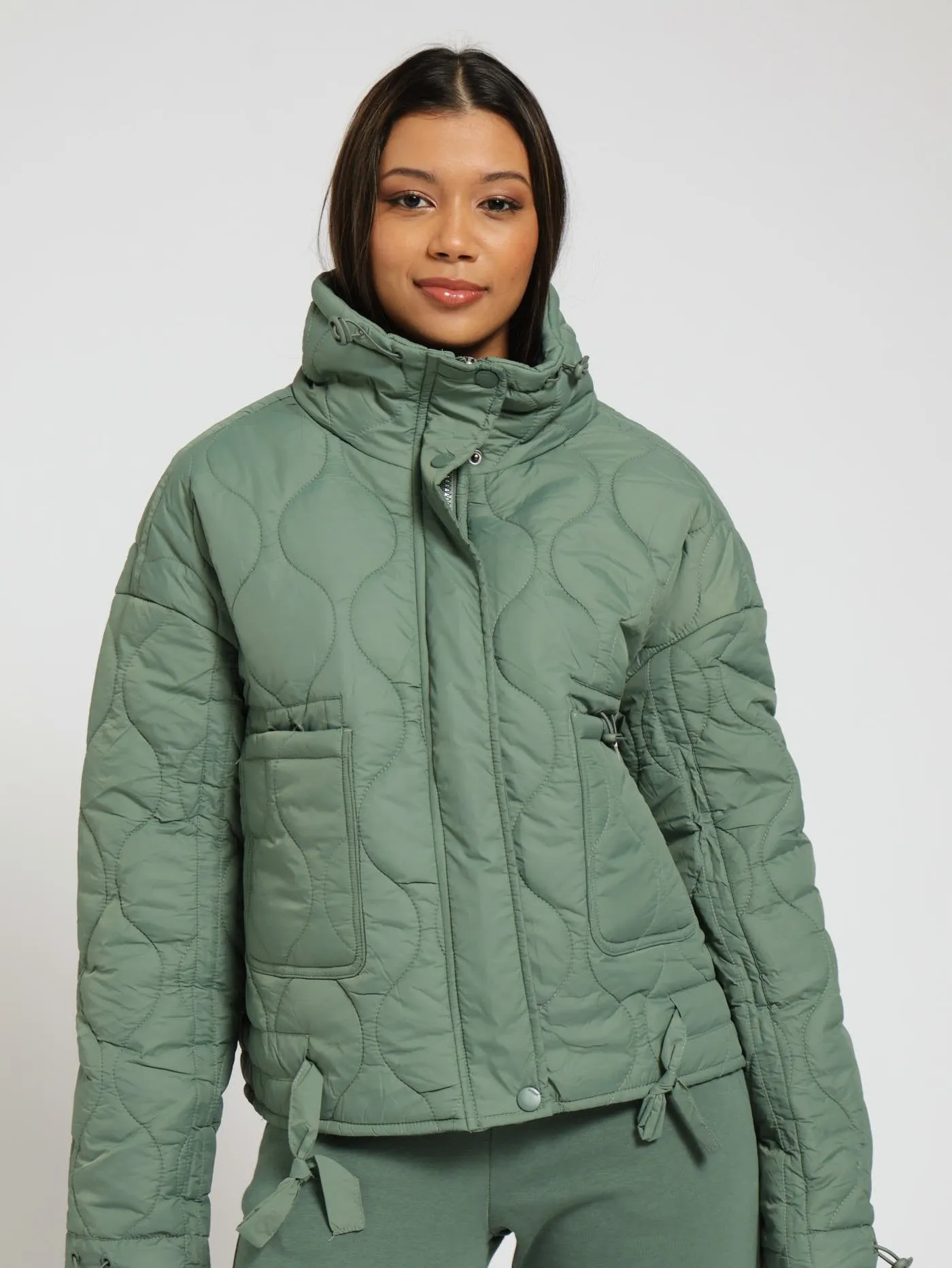 Quilted Short Length Puffer Jacket - Dark Green