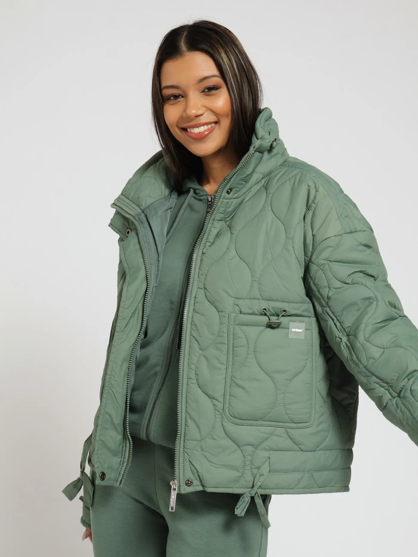 Quilted Short Length Puffer Jacket - Dark Green
