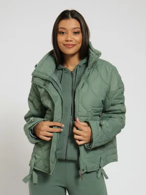 Quilted Short Length Puffer Jacket - Dark Green