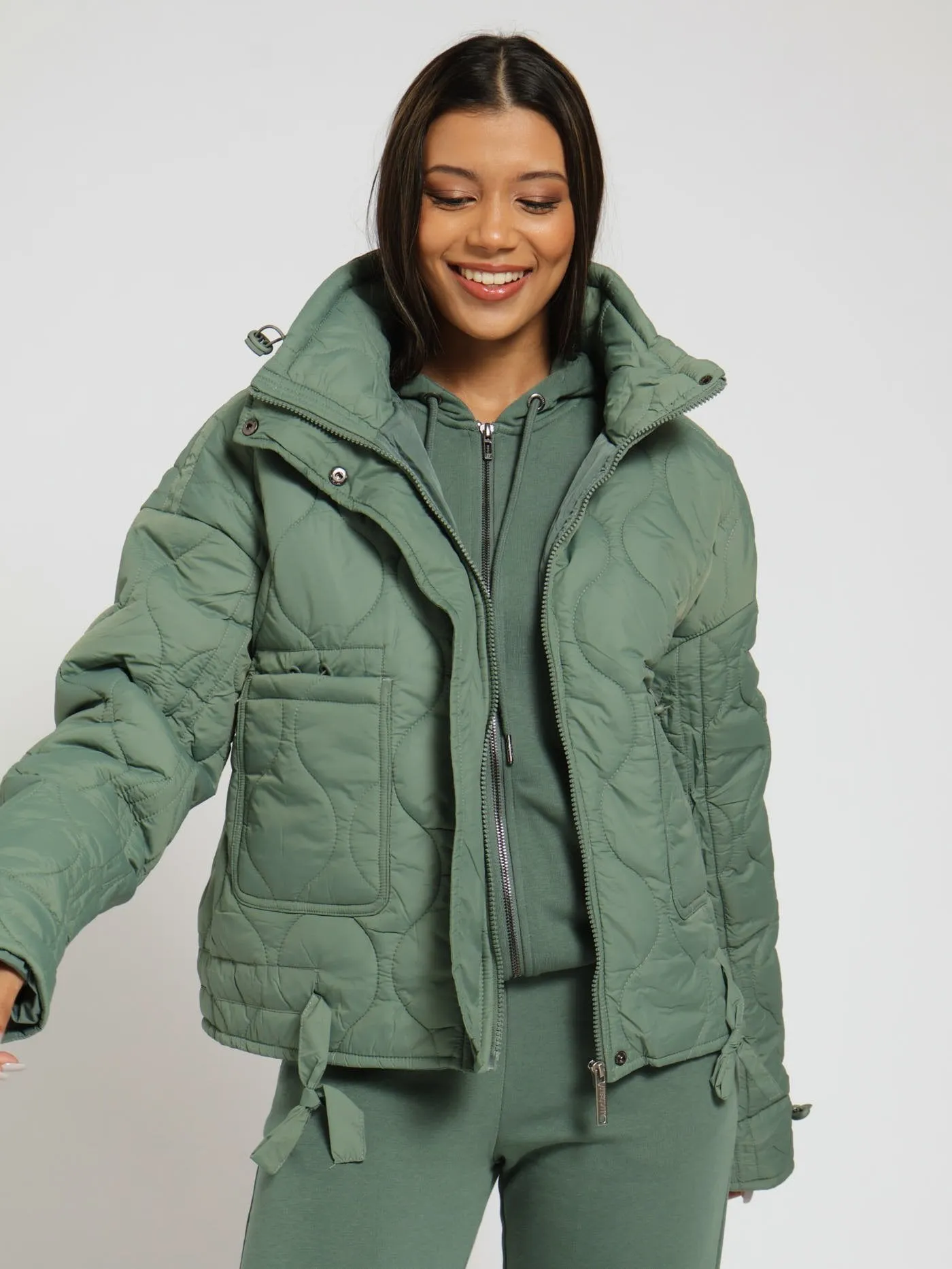 Quilted Short Length Puffer Jacket - Dark Green