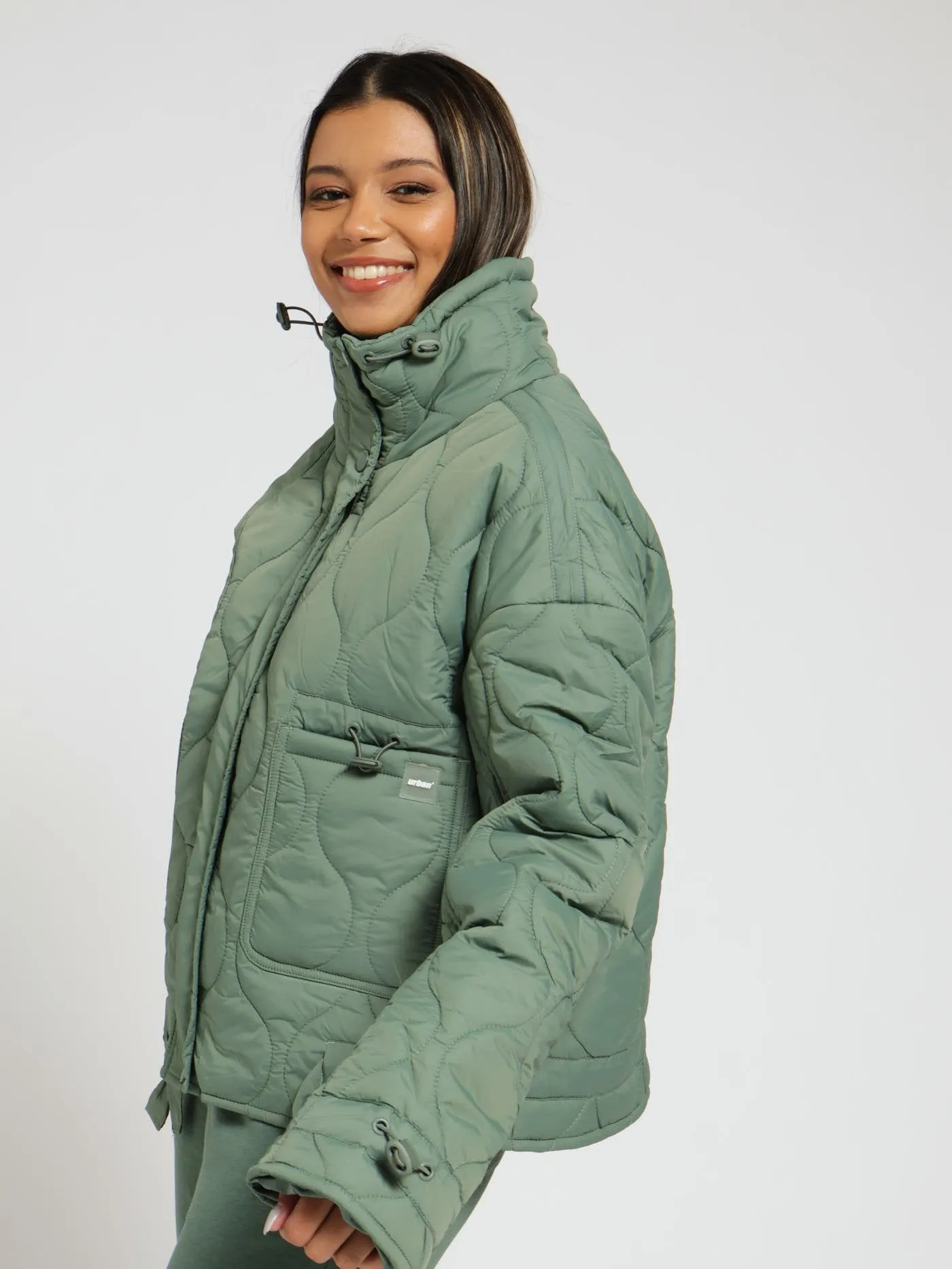 Quilted Short Length Puffer Jacket - Dark Green