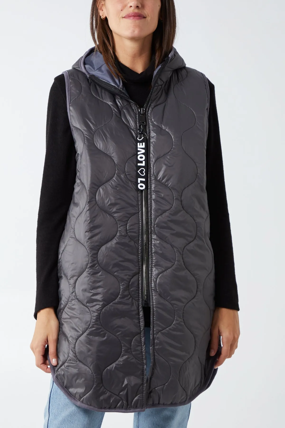 "Love" Zip Up Hooded Puffer Gillet