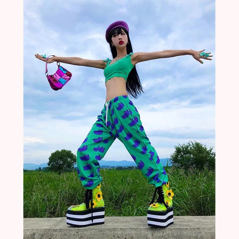 "PURPLE FROG HEAD GREEN" WIDE LEG PANTS Y031601