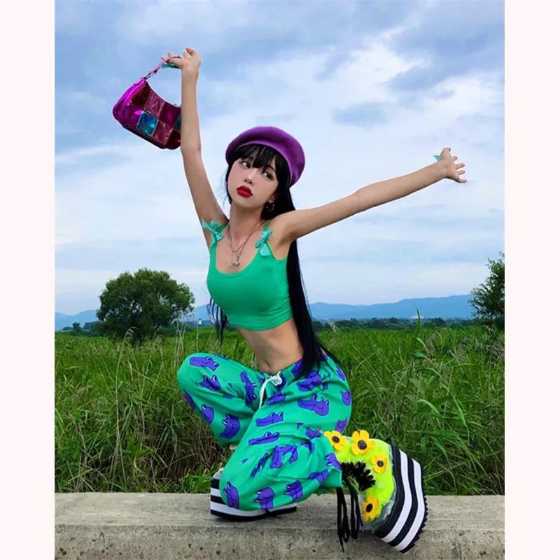 "PURPLE FROG HEAD GREEN" WIDE LEG PANTS Y031601