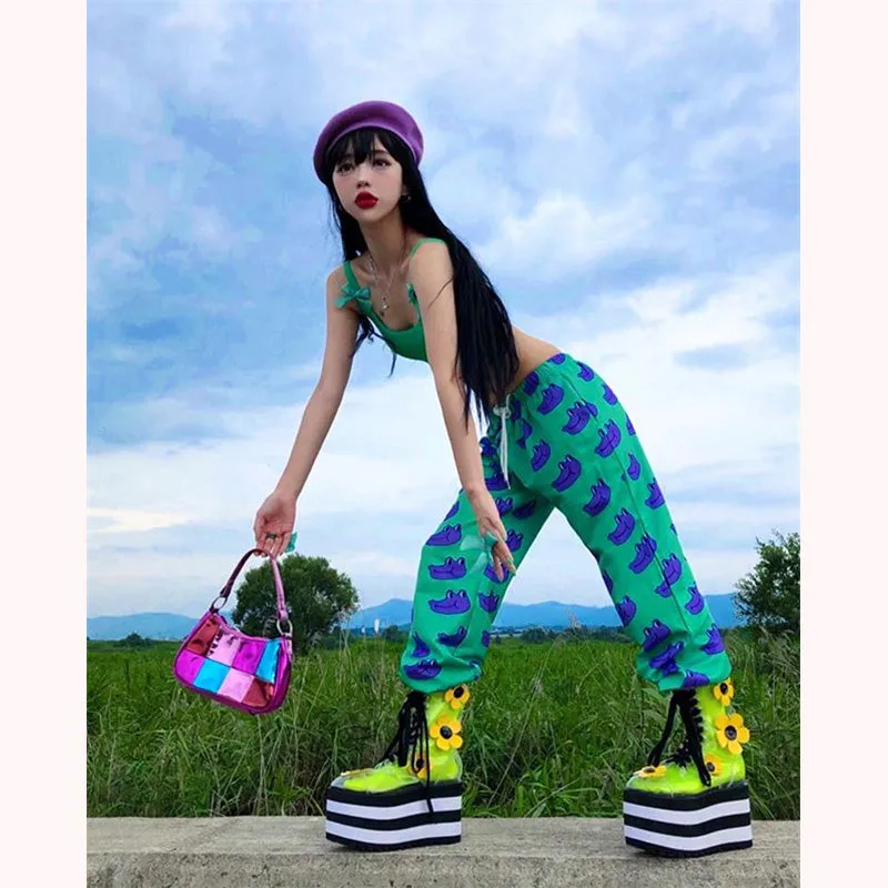 "PURPLE FROG HEAD GREEN" WIDE LEG PANTS Y031601