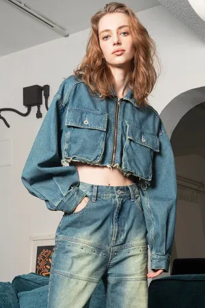 Raw Edge Cropped Denim Jacket
