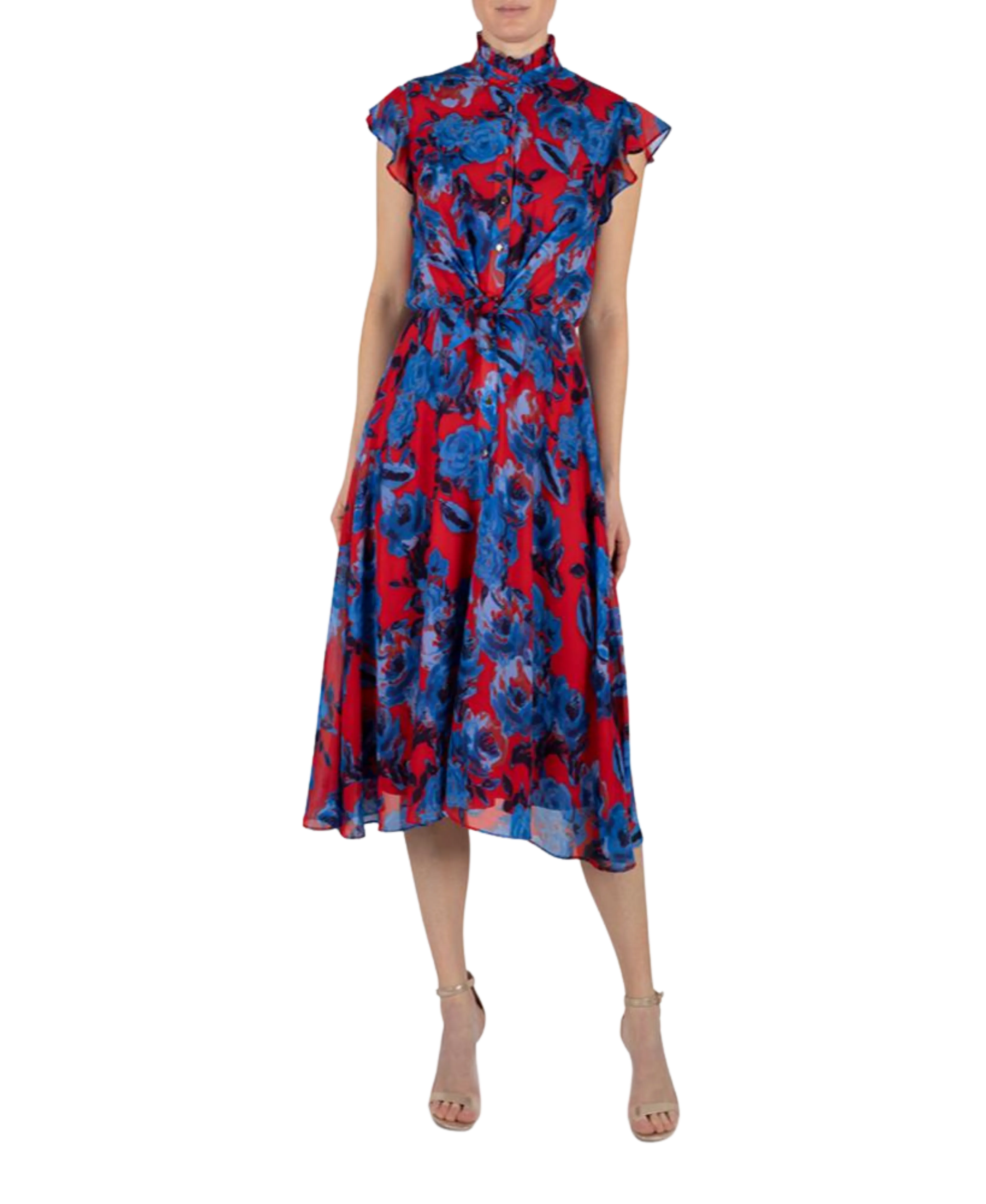 Red and Cobalt Chiffon Tie Front Shirt Dress