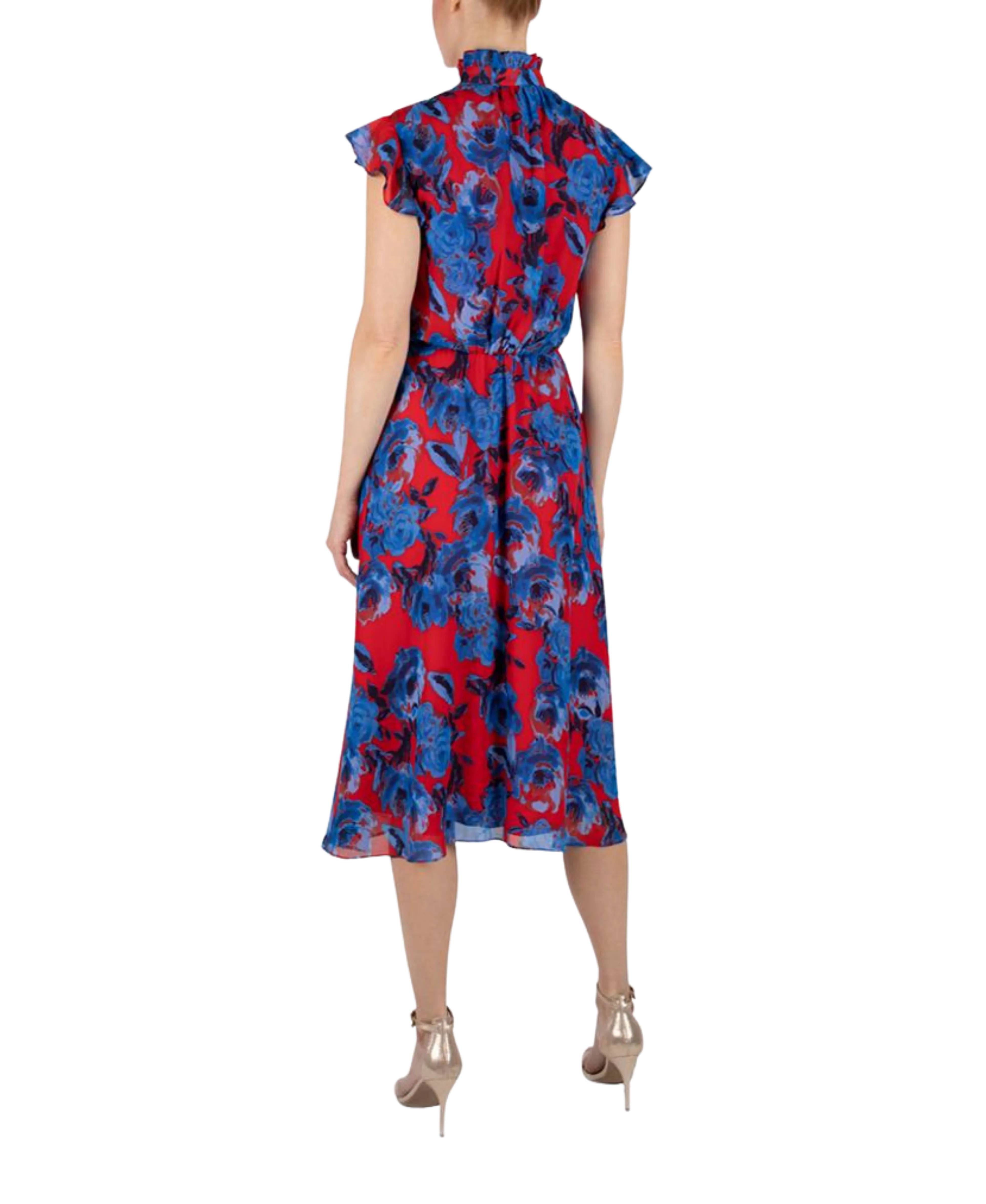 Red and Cobalt Chiffon Tie Front Shirt Dress