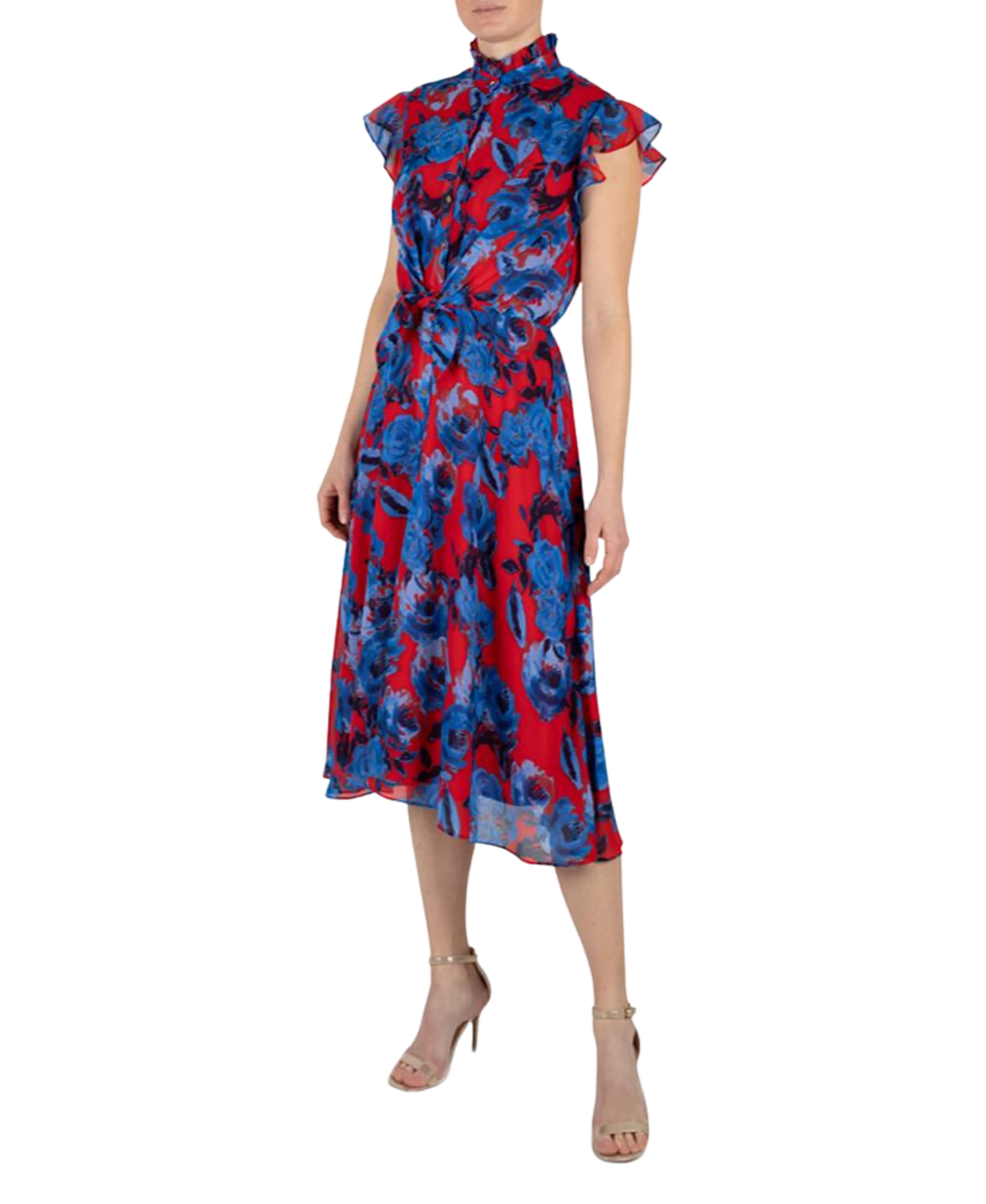 Red and Cobalt Chiffon Tie Front Shirt Dress