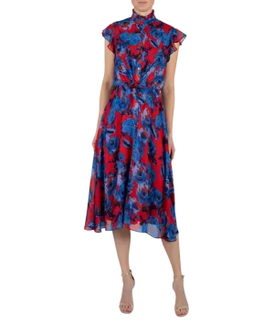 Red and Cobalt Chiffon Tie Front Shirt Dress