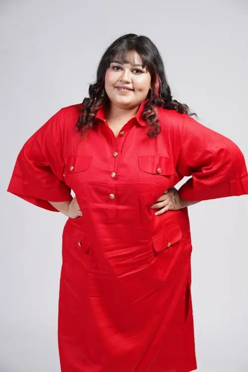 Red Calf Length Shirt Dress