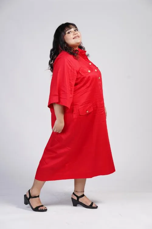 Red Calf Length Shirt Dress